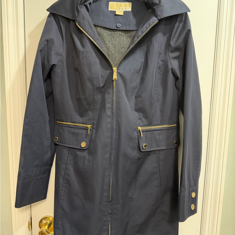 Michael Kors Navy Rain Coat with Gold Details